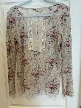 Ralph Lauren Cream Floral Lace-Trim Long Sleeve Top